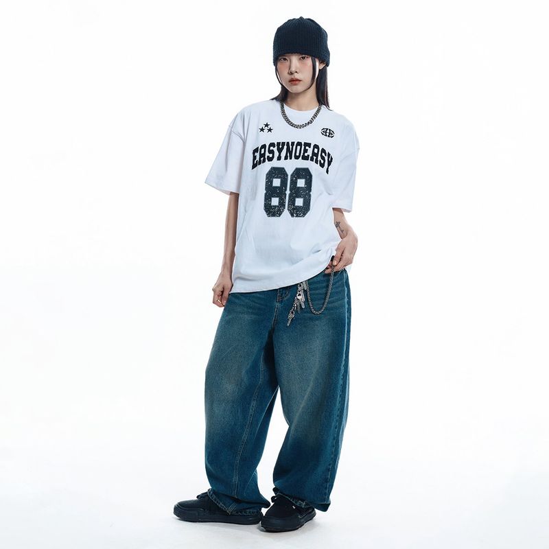 Lettering Wide Denim Pants - DEEP BLUE