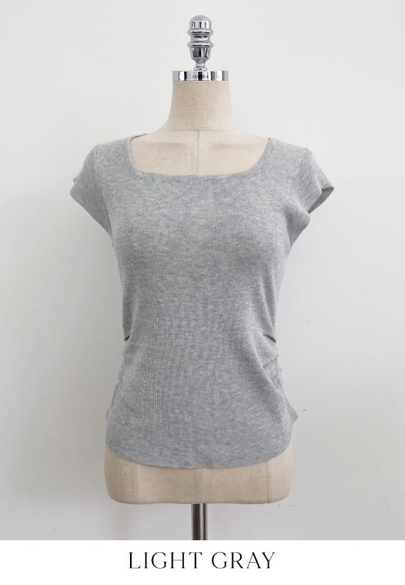 Ezha Square Neck Shirring Cap Sleeve Knit