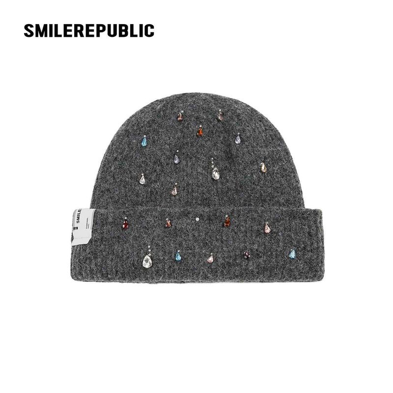 Dark Gray Rhinestone Embellished Fold-Over Knit Beanie with Embroidered Logo