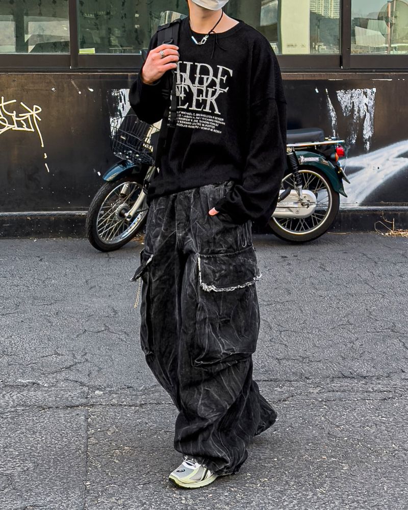 Fringe Balloon Cargo Denim Pants