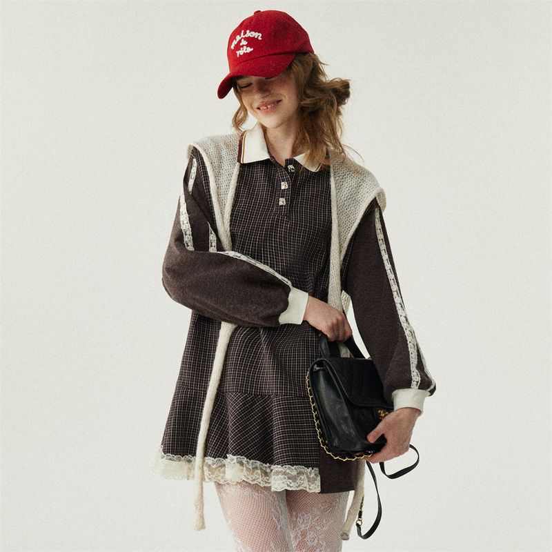 Lace Patchwork Check Sweatshirt Dress