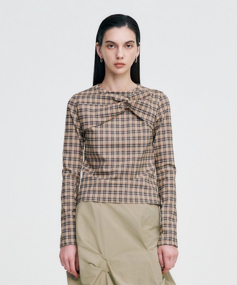 Twisted Check High-neck Top _ BEIGE