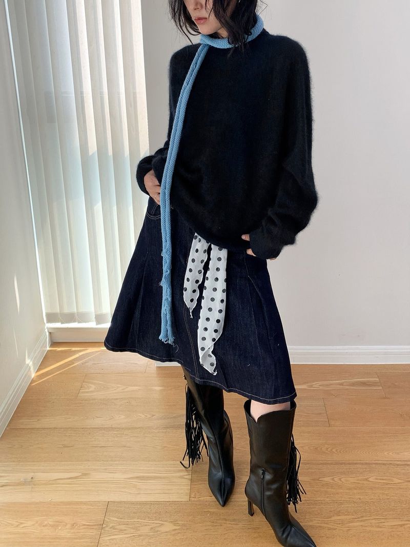 Dark blue raw cotton flared pleats midi skirt