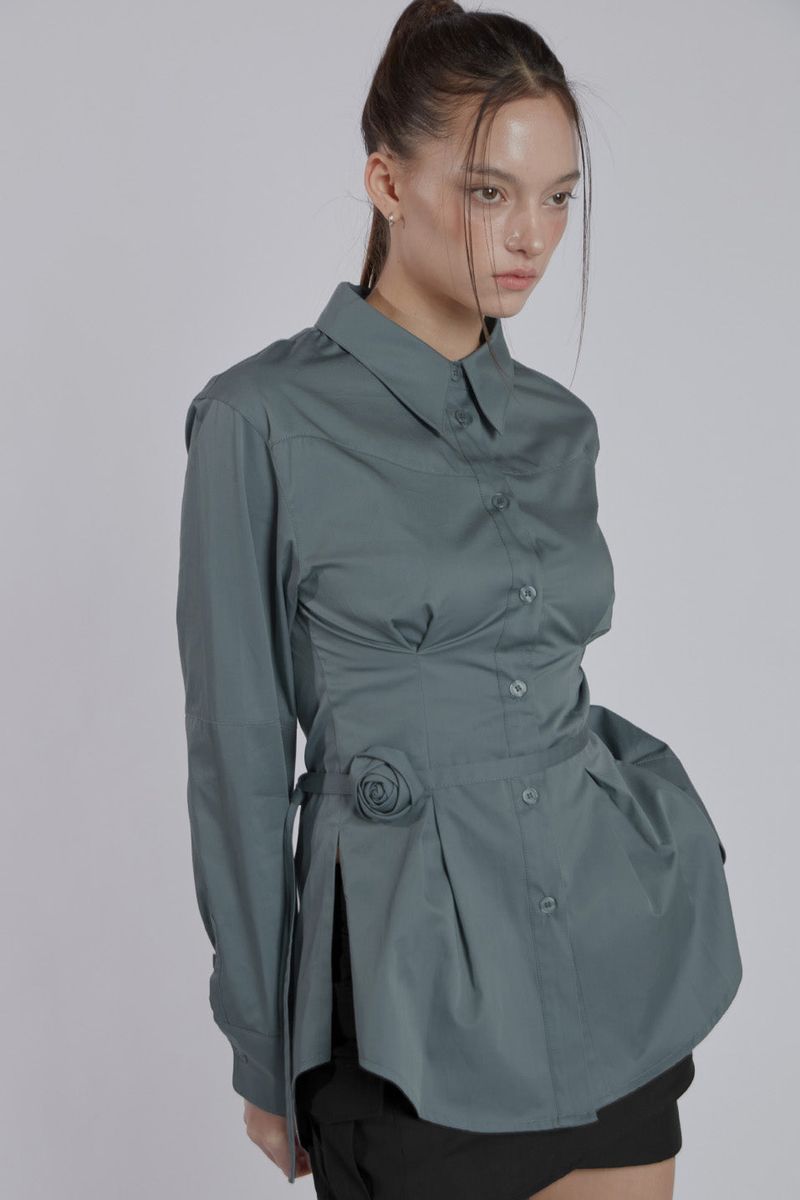 PINTUCK ROSE BELT SHIRT(BLUE GRAY)