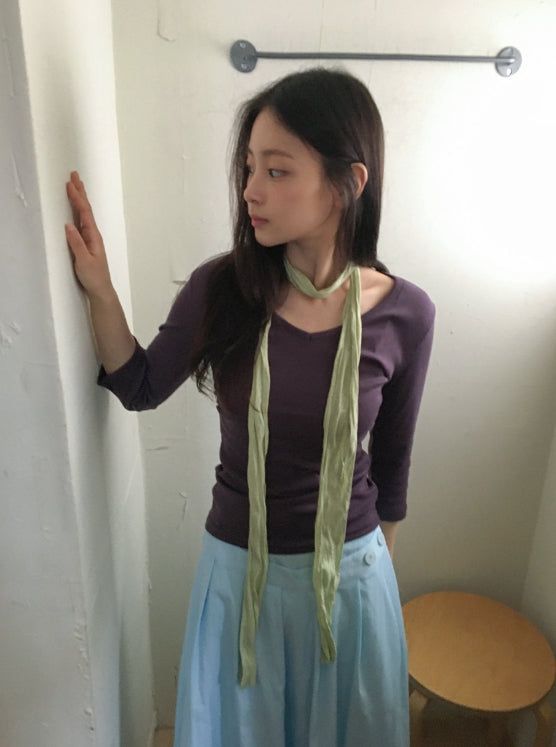 BAON（バオン）の「Onepie U-neck/V-neck Side Shirring Three Quarter Sleeve Tee（Tops）」