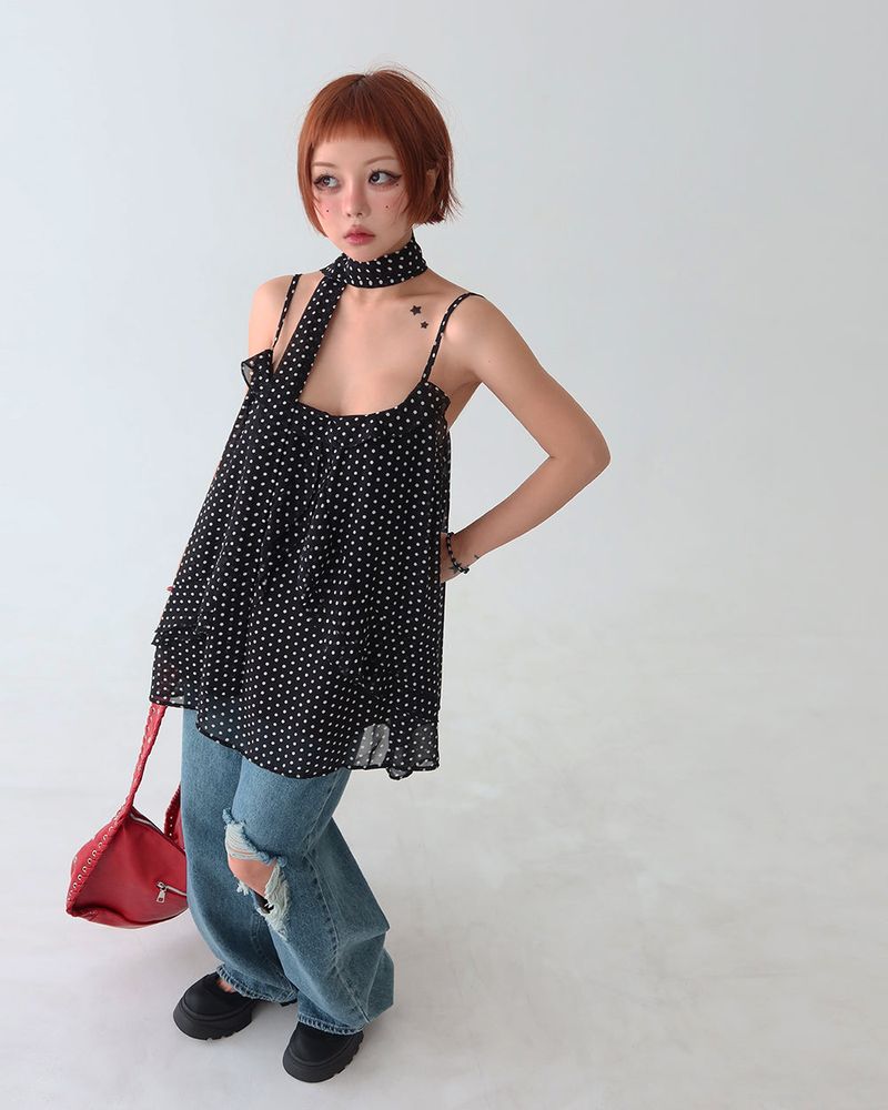Tie set leopard print dot bustier long blouse
