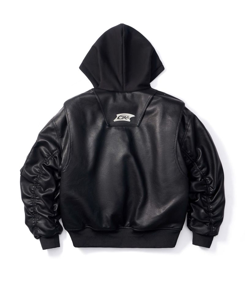 OVERSIZED HOODED LEATHER BOMBER JACKET