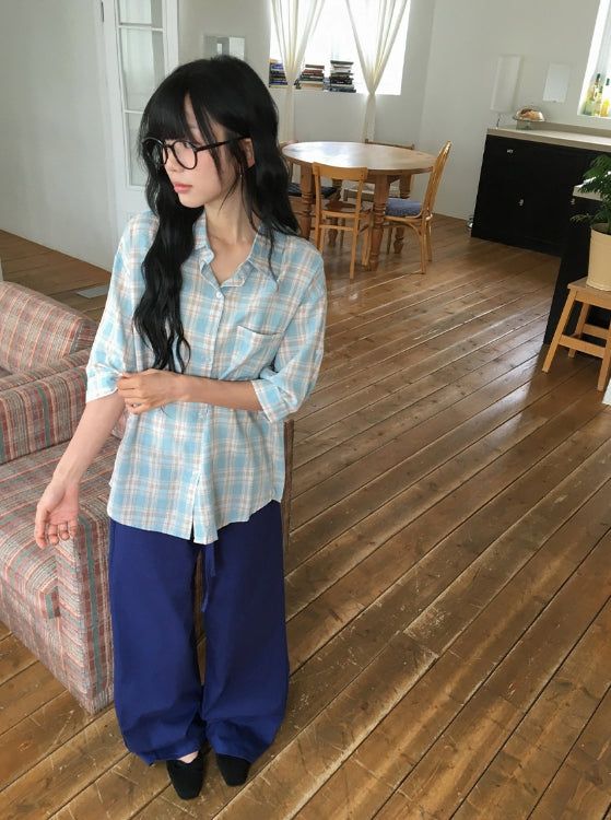 Toui Check Three Quarter Rolled-up Loose Fit Shirt