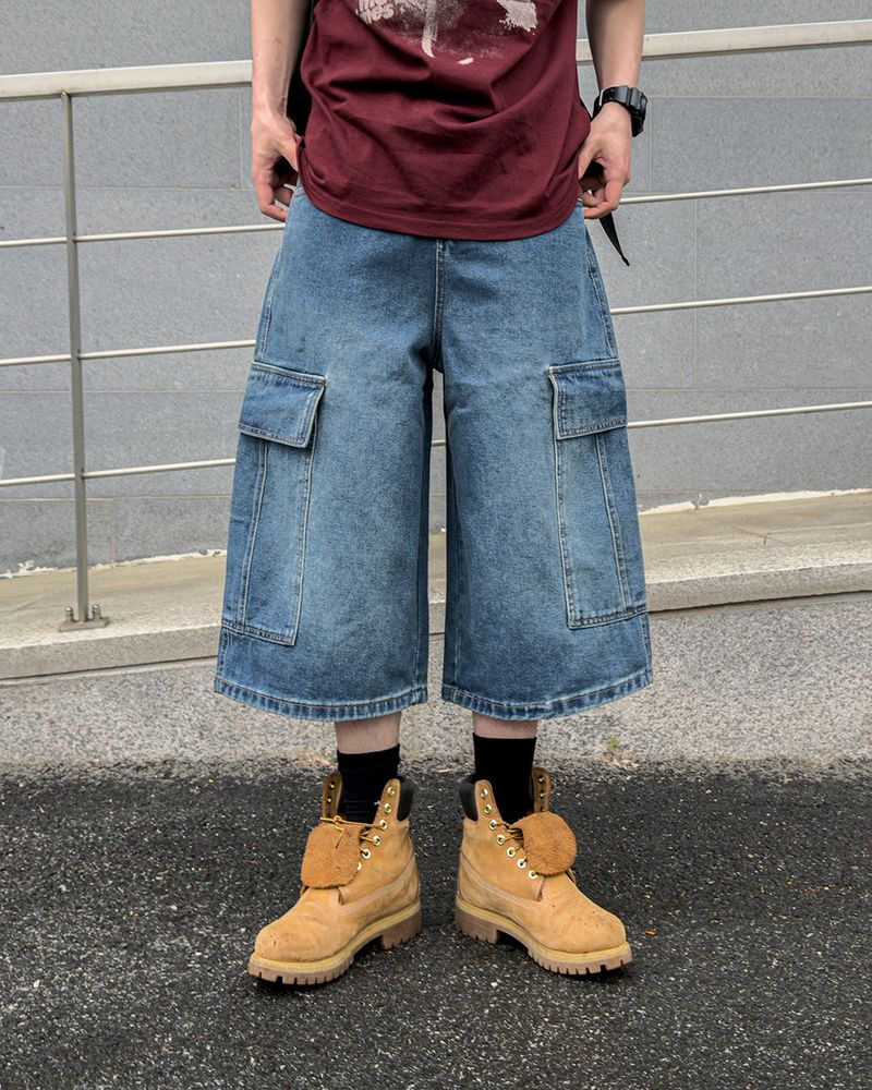 Kazen Washed Cargo Bermuda Denim Pants