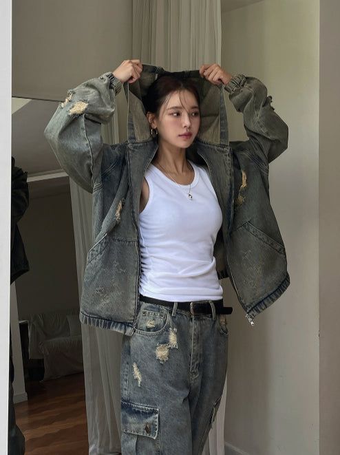 Damage Two Way Denim Hooded Jacket