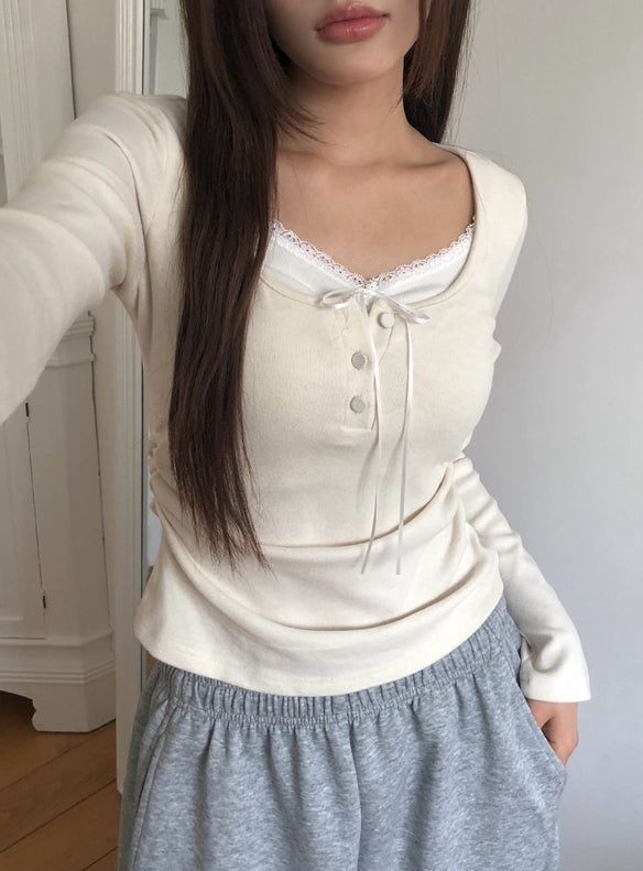Sojin Lace Shirring Button T-Shirt