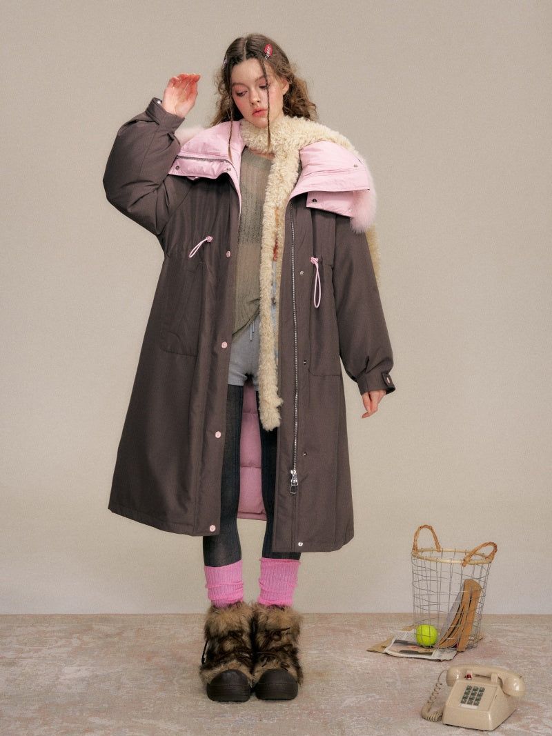 Two-tone Fox Fur Collar Oversized Down Coat