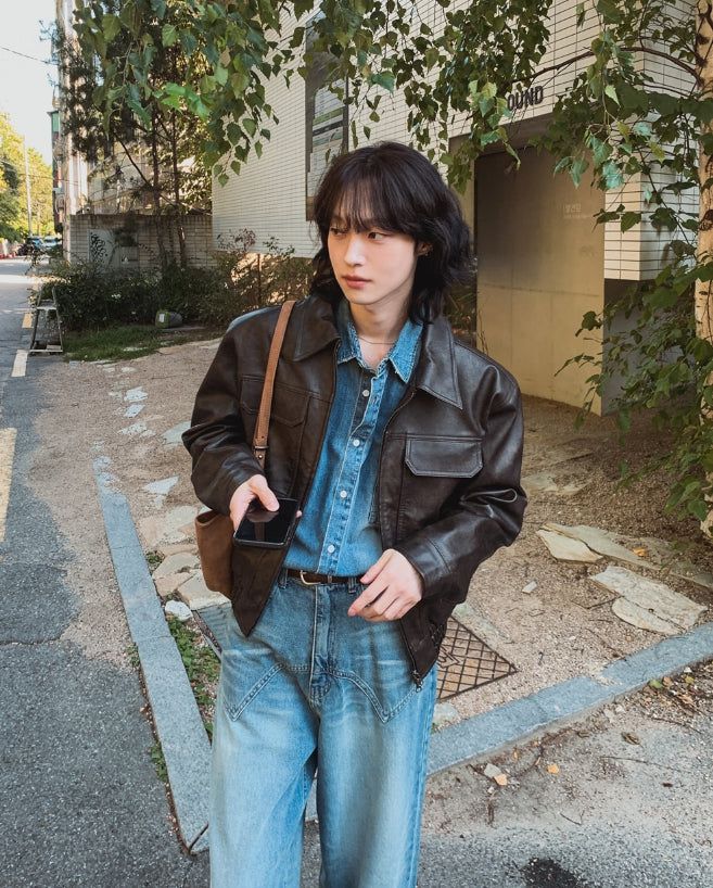 Brick pocket leather jacket