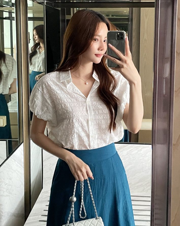 Kusha Collar Balloon Sleeves Seersucker Blouse