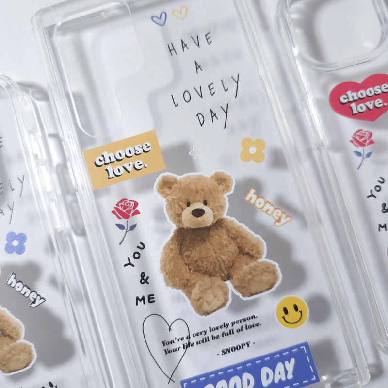 Clear Jelly Hard Phone Case - Fluffy Teddy [ iPhone,Galaxy] - colorful