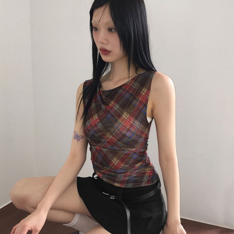 WONDER WONDER(ワンダーワンダー)の「Neka check mesh shirring unbalanced off-shoulder sleeveless(Tops)」