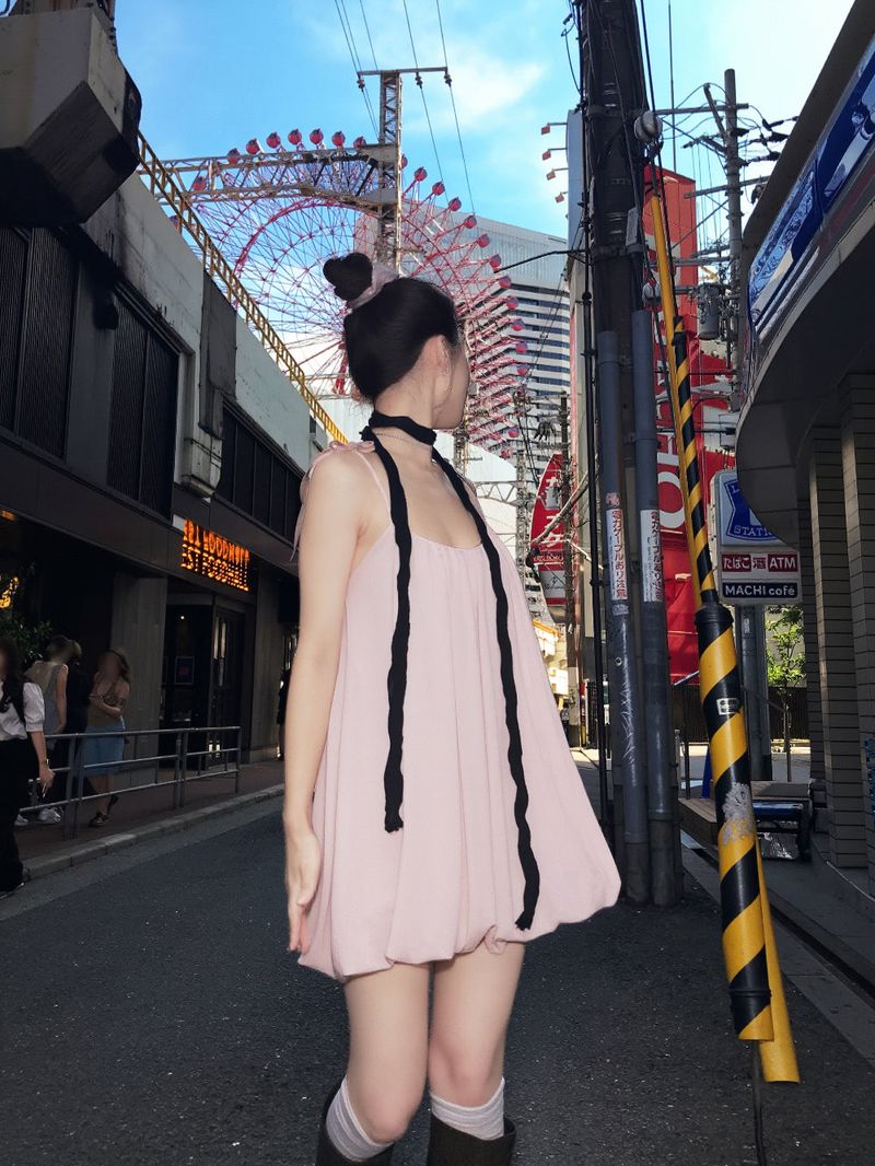 Peach Hug Ribbon Slip Pumkin Sleeveless Mini Dress