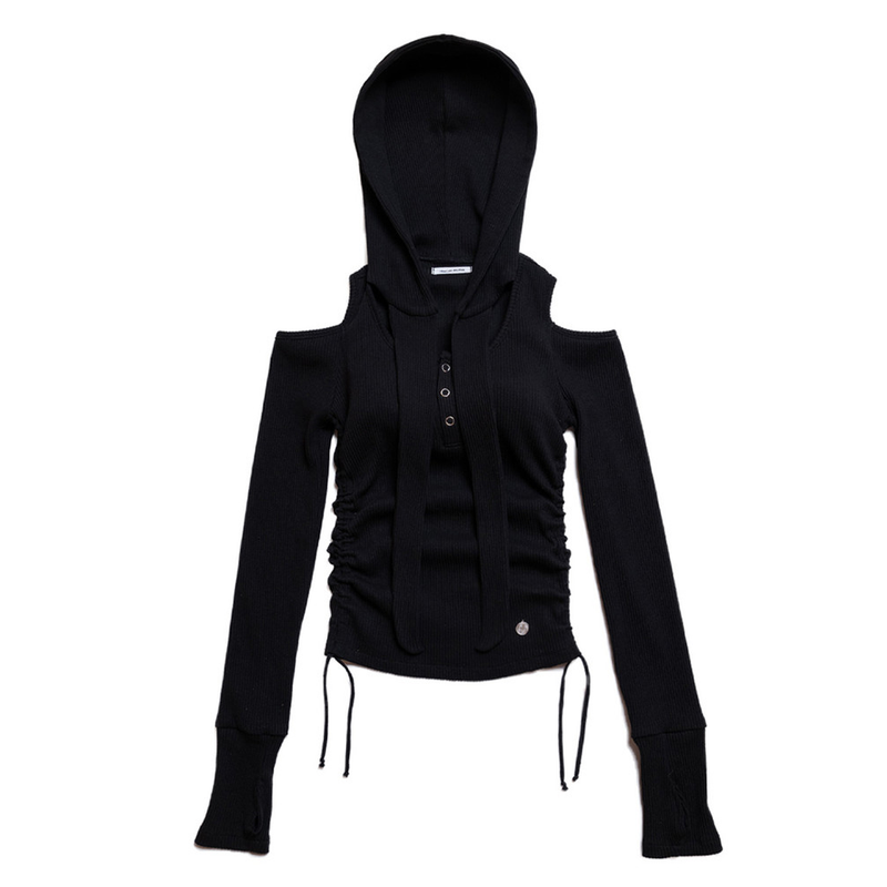 Don't Ask My Plan (DAMP)(ドントアスクマイプラン)の「OFF SHOULDER HOODED LONG SLEEVE BLACK(Tops)」
