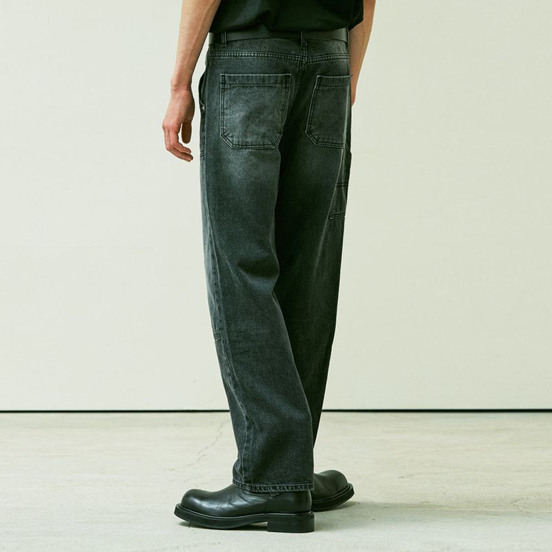 STRAIGHT DOUBLE KNEE WASHED DENIM PANTS BLACK