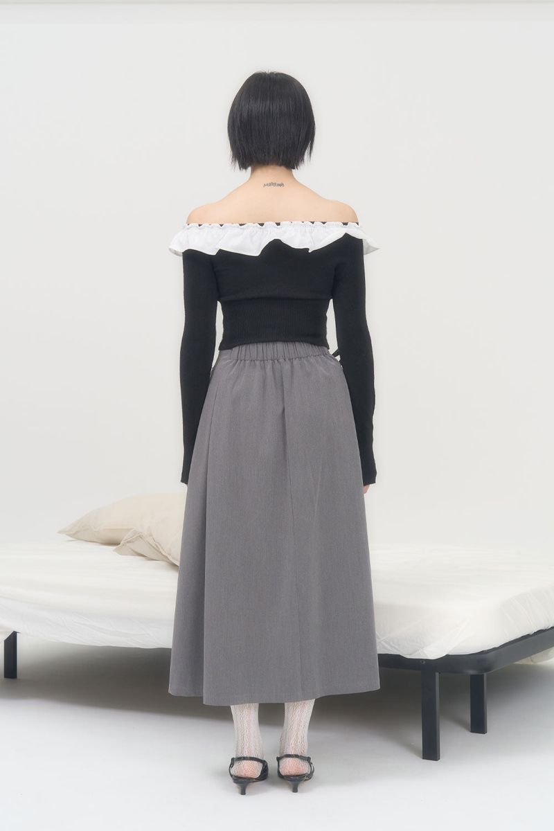 RIBBON FLARE LONG SKIRT (GRAY)
