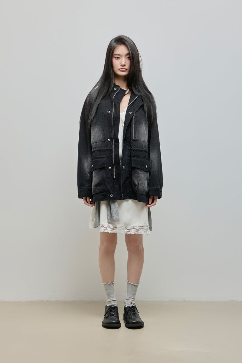 Washed High-Neck Field Jacket_Black