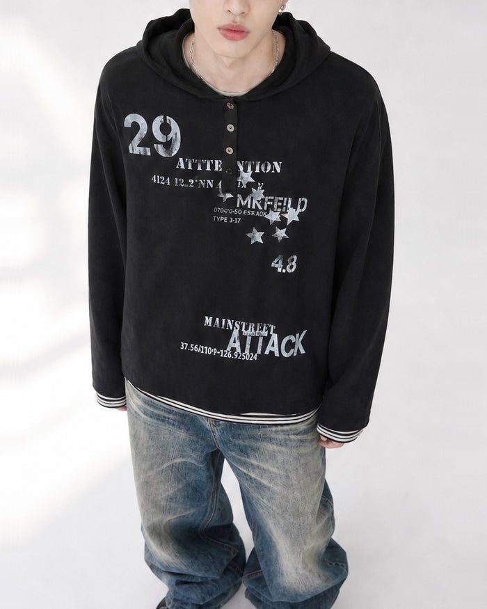(UNISEX) Attack Henley Hooded Long Sleeve
