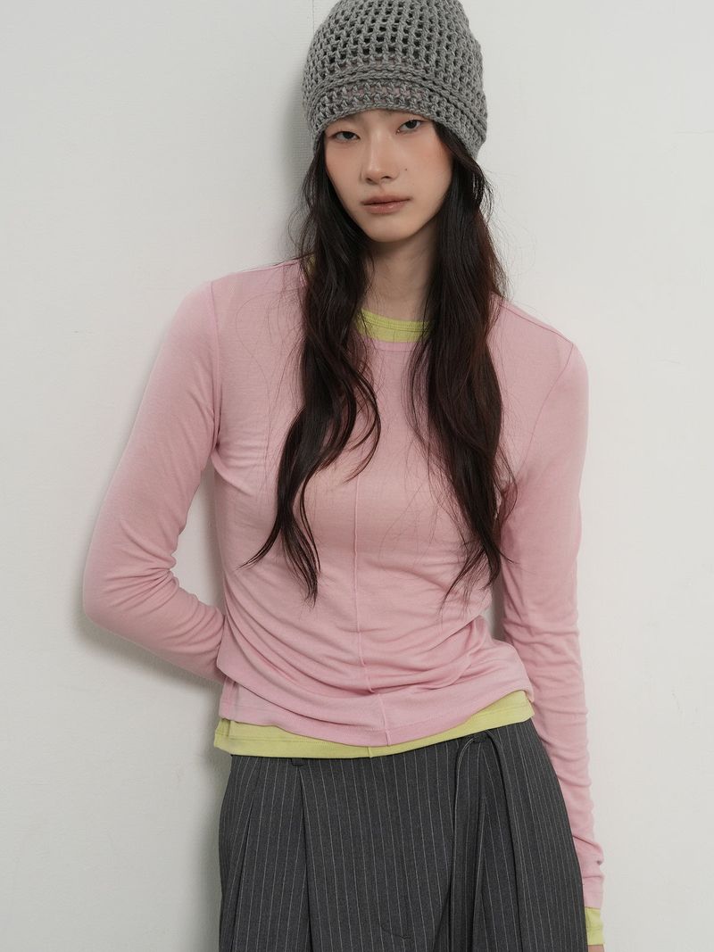 テンセルラウンドネックピンタックTシャツ