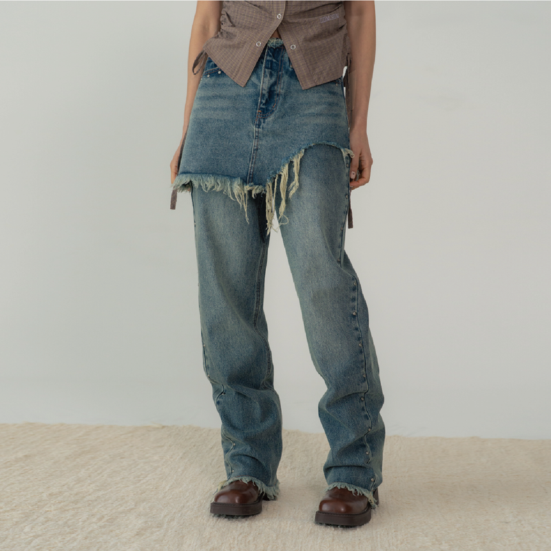 ZIZEMUSEUM（ジゼミュージアム）の「STUD DENIM SKIRT LAYERED PANTS (BLUE)（Pants）」
