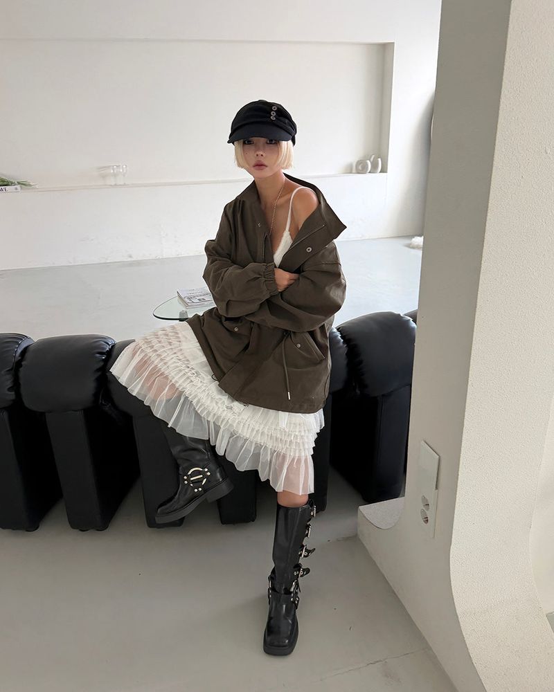 Button shirred back ribbon wrinkle sailor cap