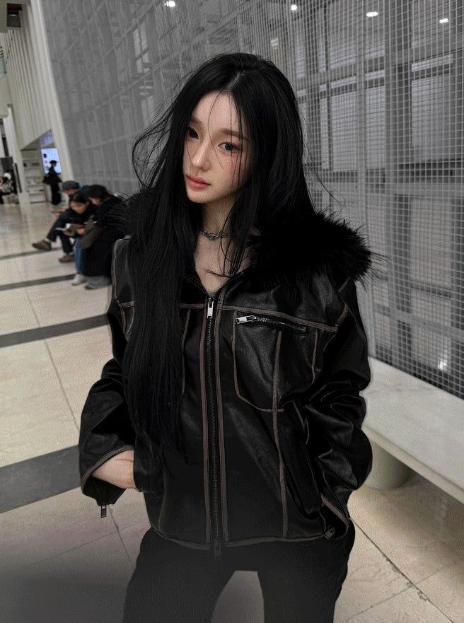 Vintage Noir Leather Zip-up