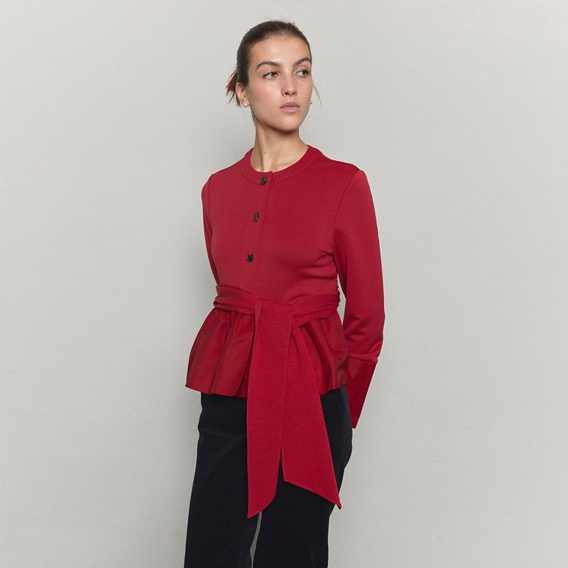 SSOKIN（ソキン）の「Bow Belted Jersey Peplum Blouse _ Red（Tops）」