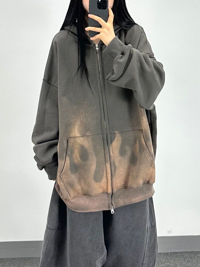 flame washed hooded zip-up
