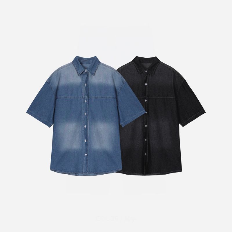 LMN Labo cut brush short-sleeved denim shirt (2 colors)