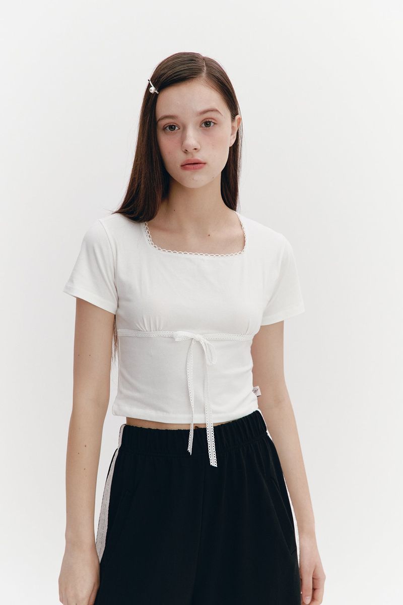 Lace Ribbon Shirring Top Ivory