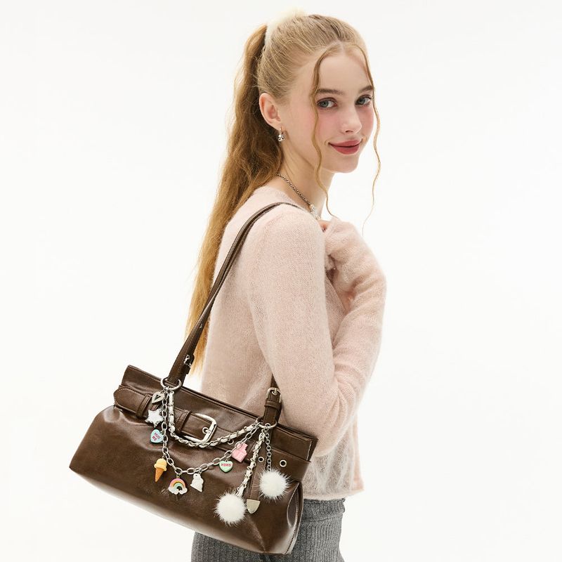 Buckle Strap Tote Shoulder Bag _ Brown