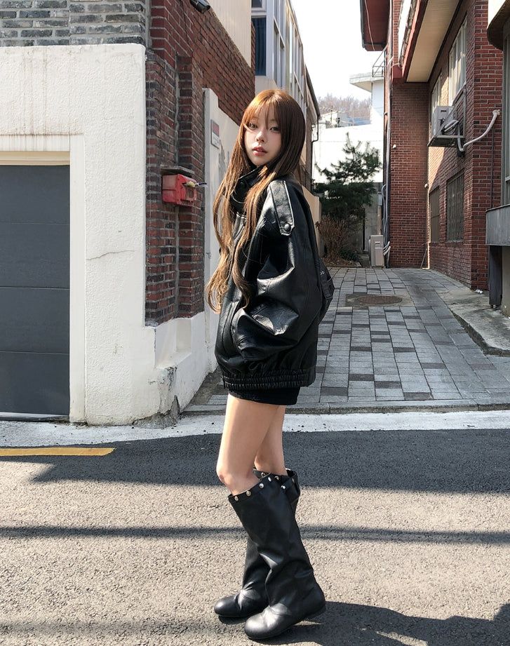 Saint High-Neck Unbalanced Leather Jacket
