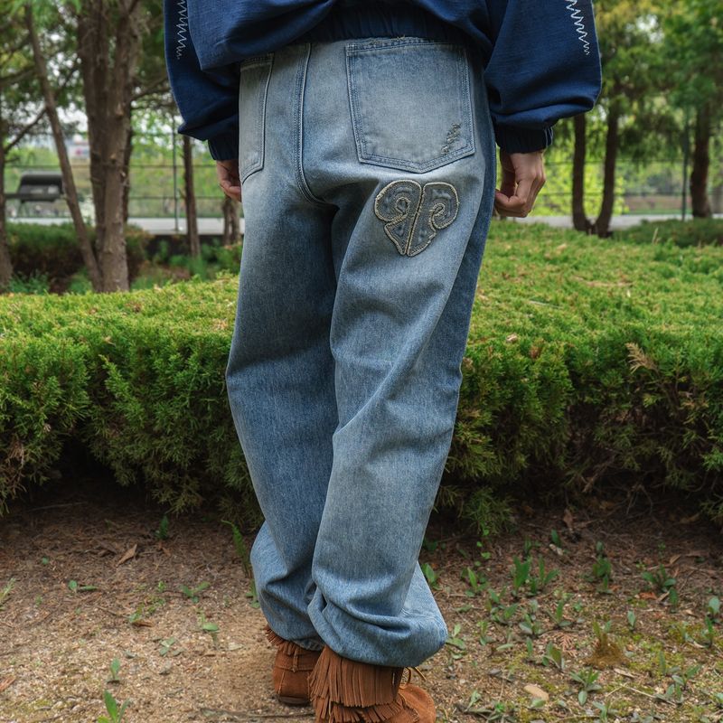 Fray patch denim Pants / Light blue