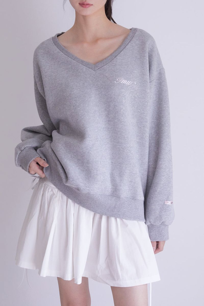 Lettering Deep V-Neck Sweatshirt (MELANGE GREY)