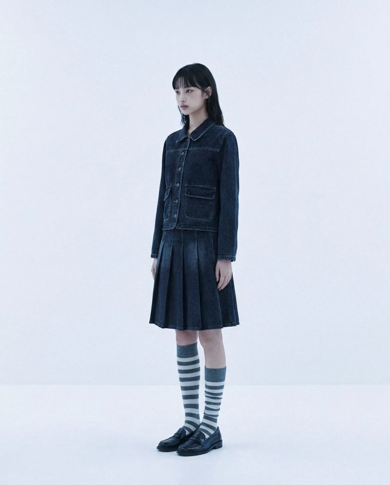 STITCH DENIM PLEATS MIDI SKIRT