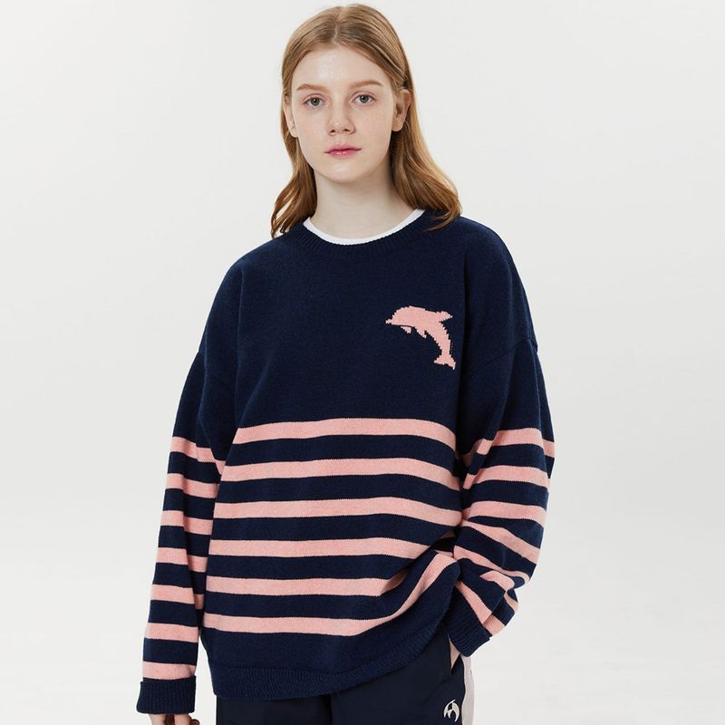 Big dolphin logo stripe crew neck knit