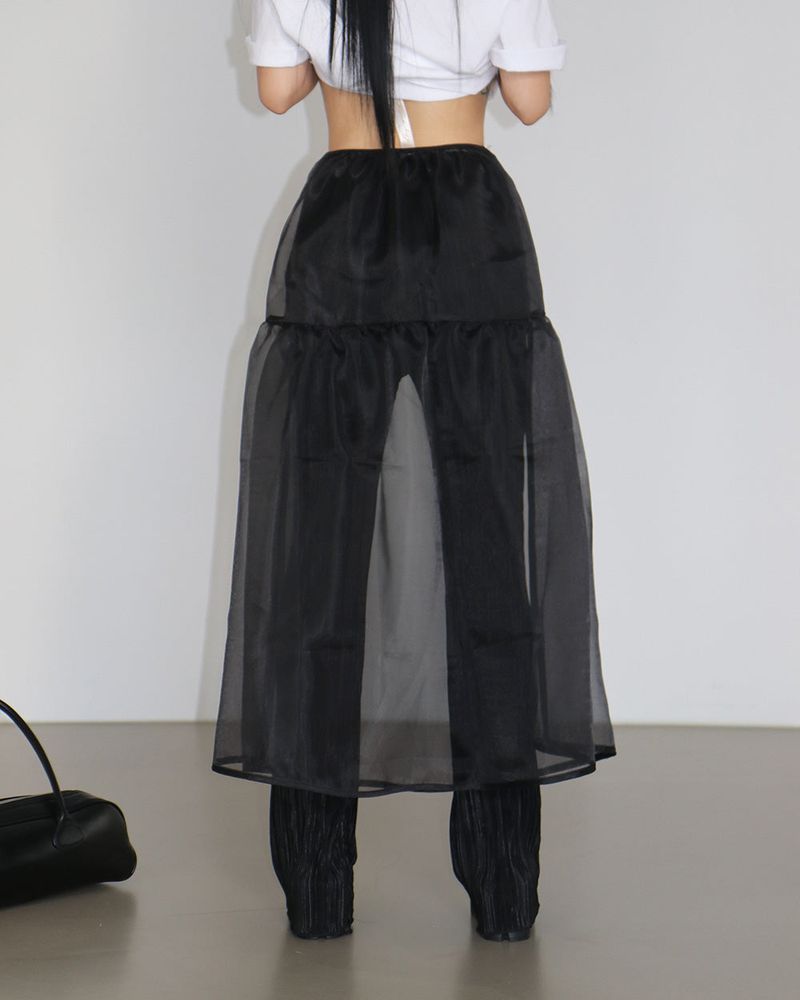 Volume see-through layered long skirt