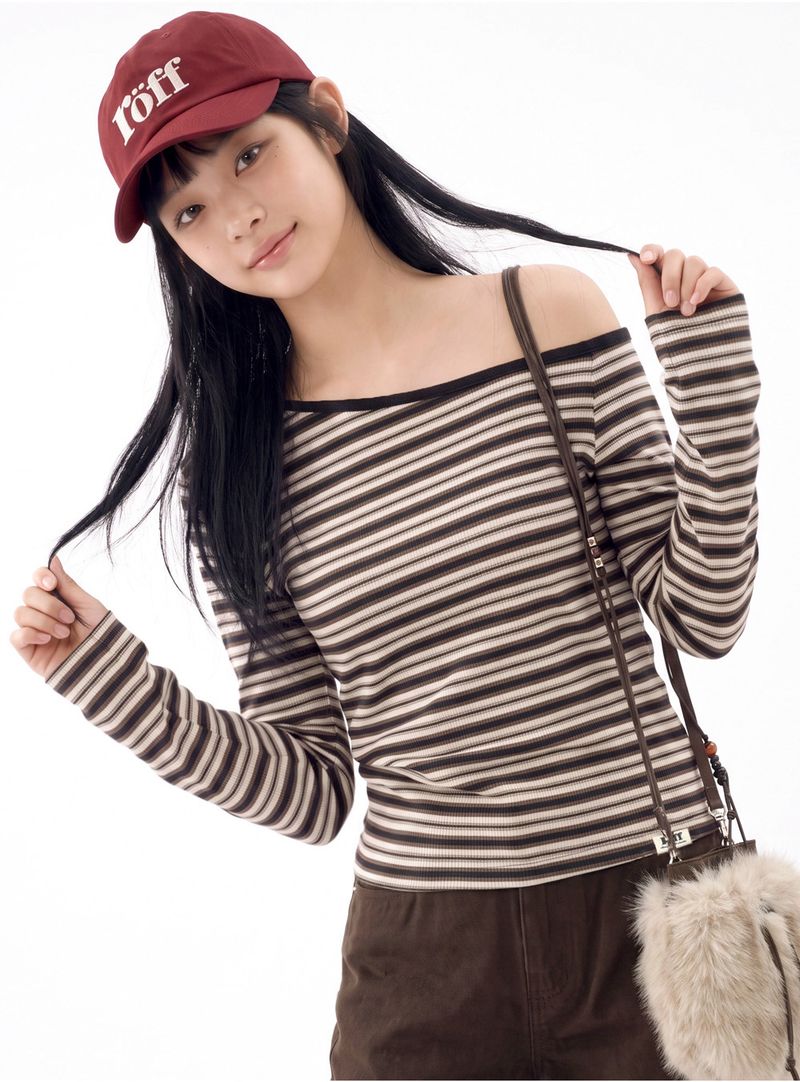 STRIPE OFF-SHOULDER TOP [BROWN]