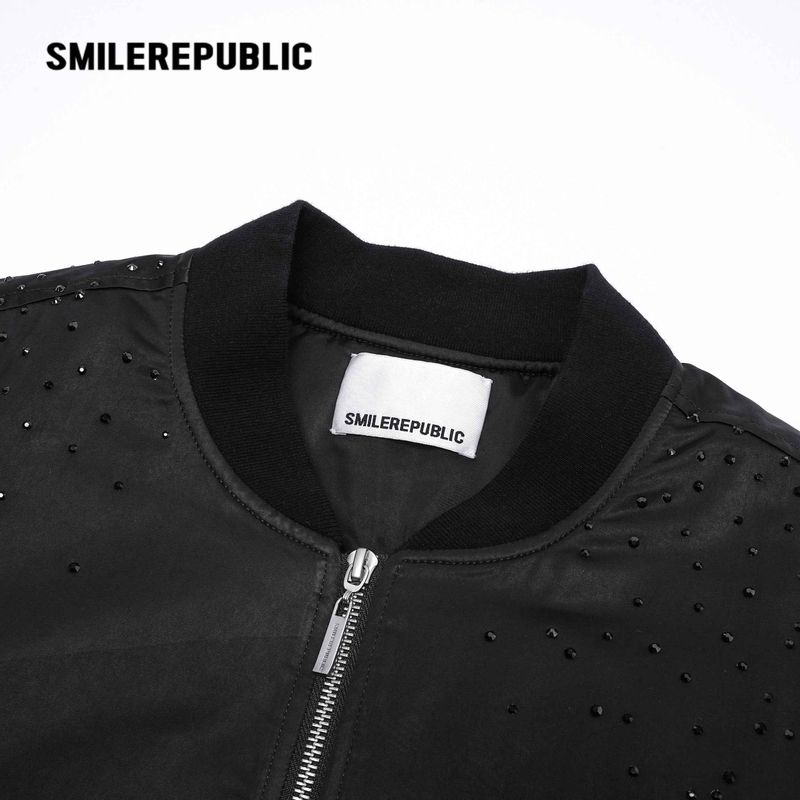 Black Rhinestone Embellished Shimmer Polyester Woven Ruched Sleeve Full Zip Bomber Jacket