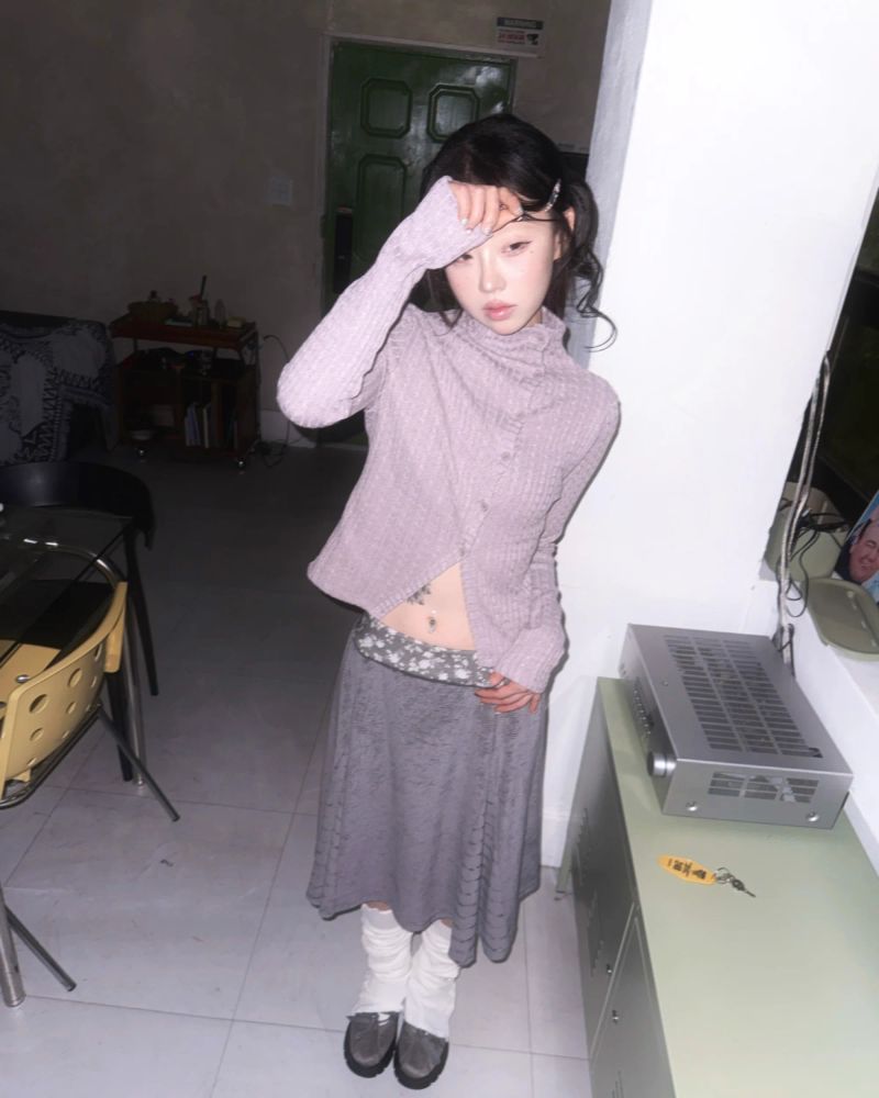 (2color) Flower Mix Stripe Flare Skirt