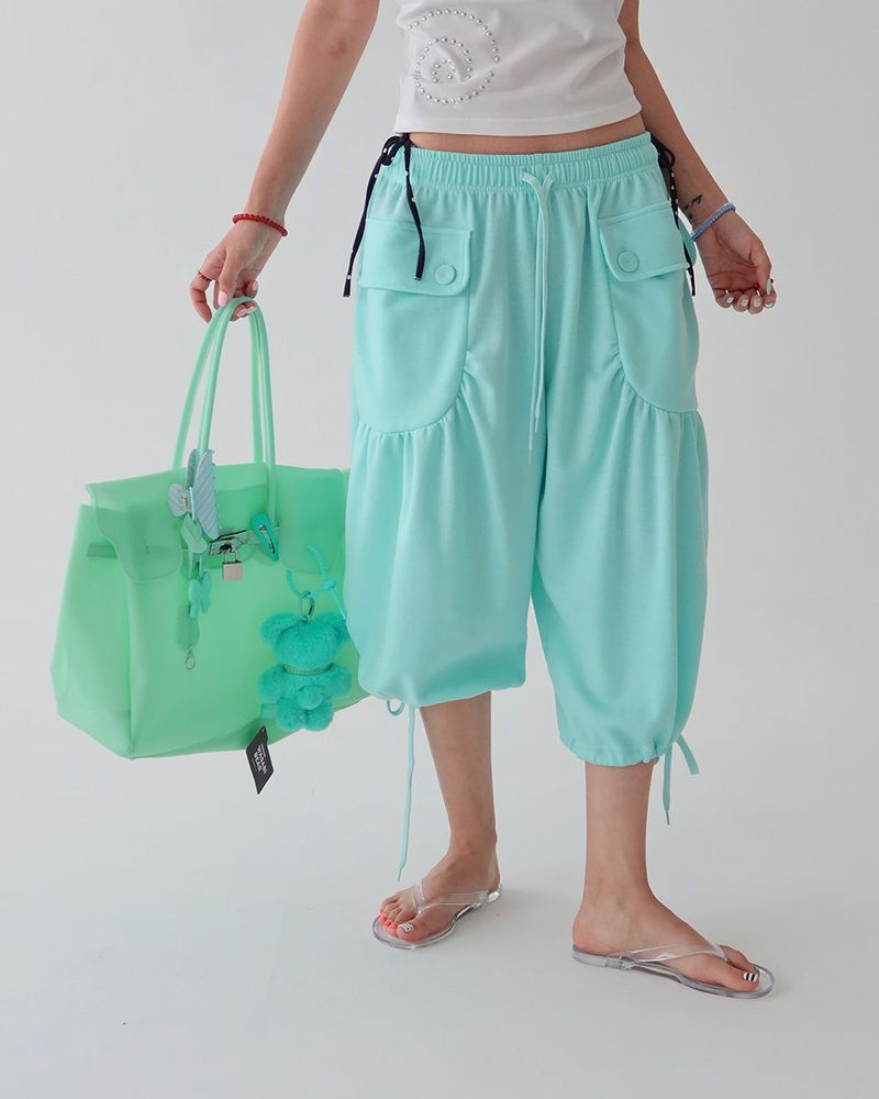 Button Big Pocket Bermuda Harem Capri Pants