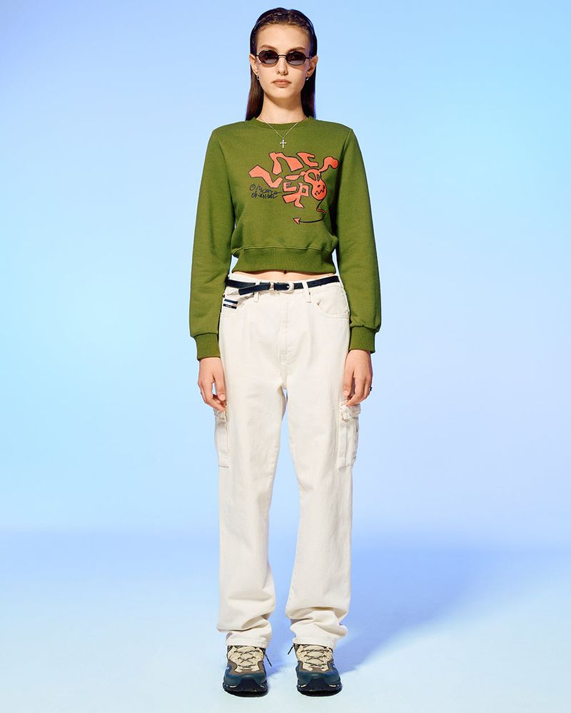 DEVIL HEAD LOGO CROP SWEATSHIRT-OLIVE