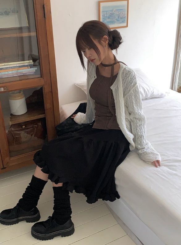 Coun Jacquard Diagonal Shirring Frill Midi Skirt