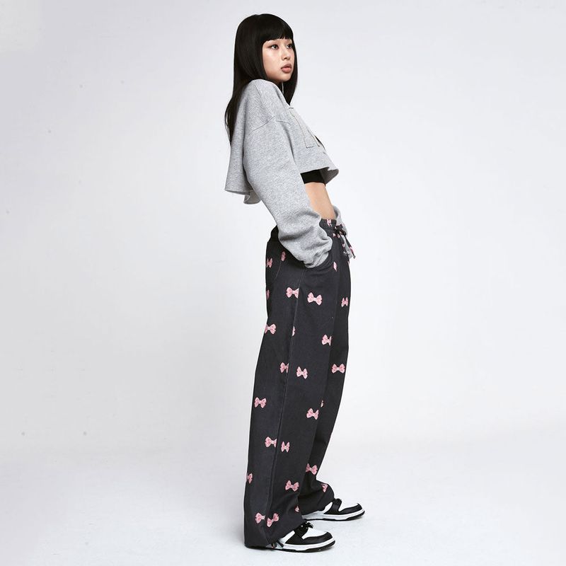 Ribbon pattern Jogger pants [Black]