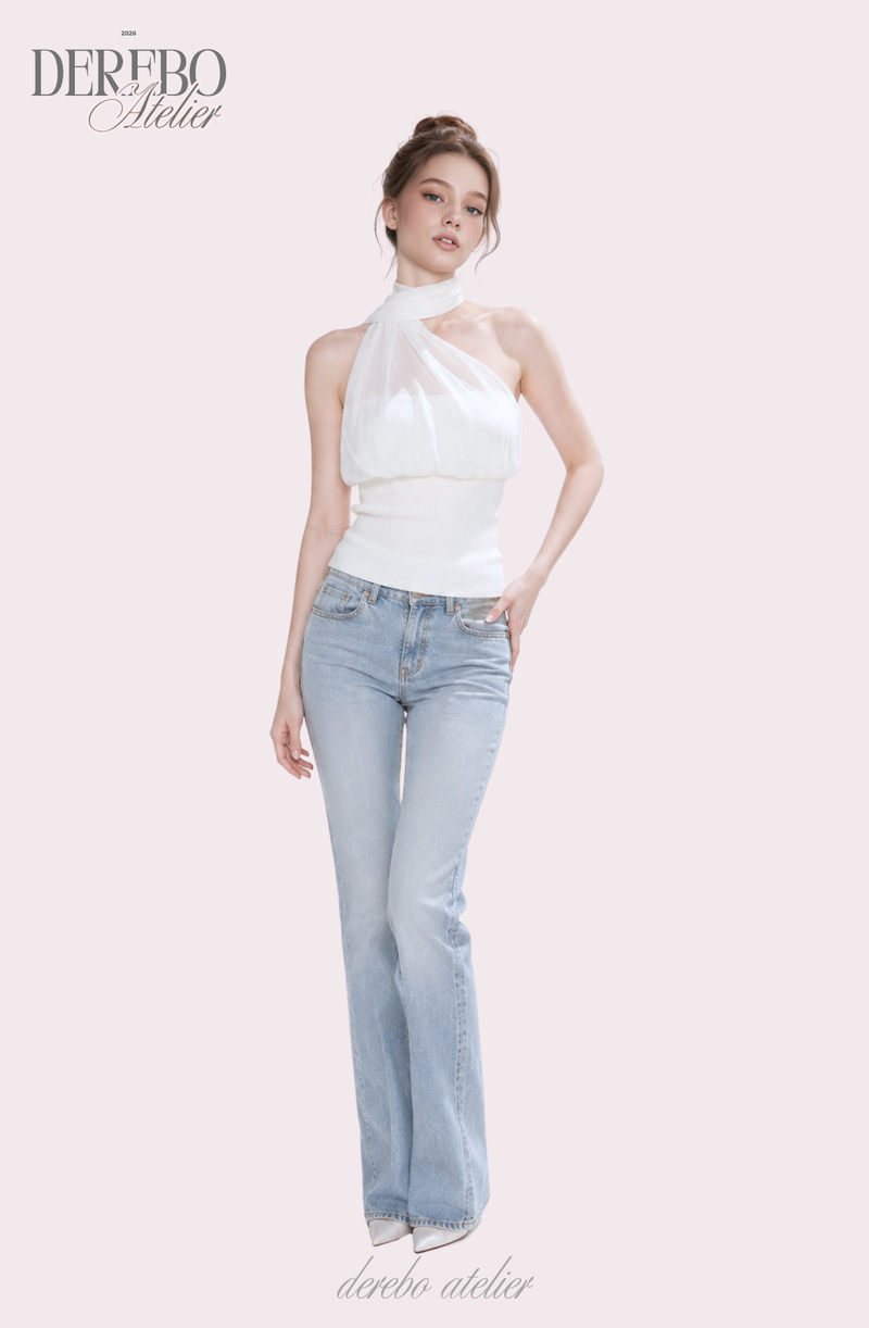 one-shoulder mint chiffon sleeveless top