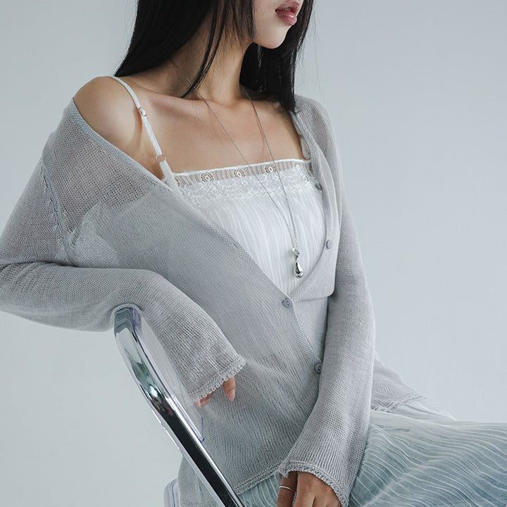 [Arev] V-neck See-Through Long-Sleeved Cardigan - 5 colors